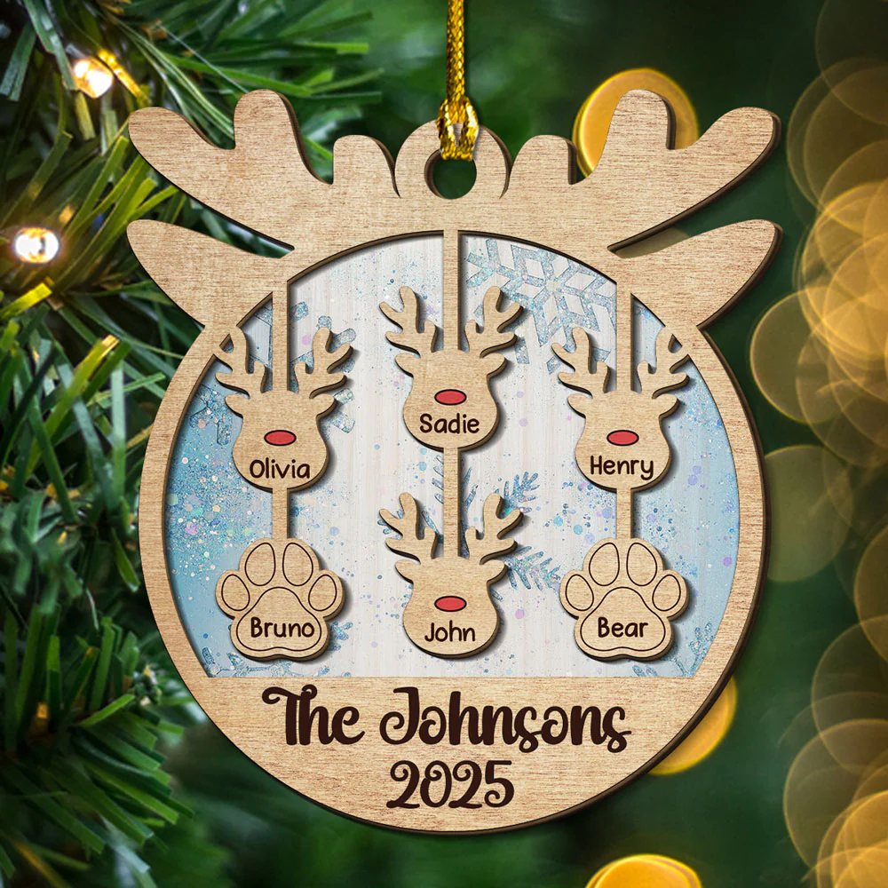 Reindeer Family Name - Personalized Custom 2-Layered Wood Ornament - Image 3