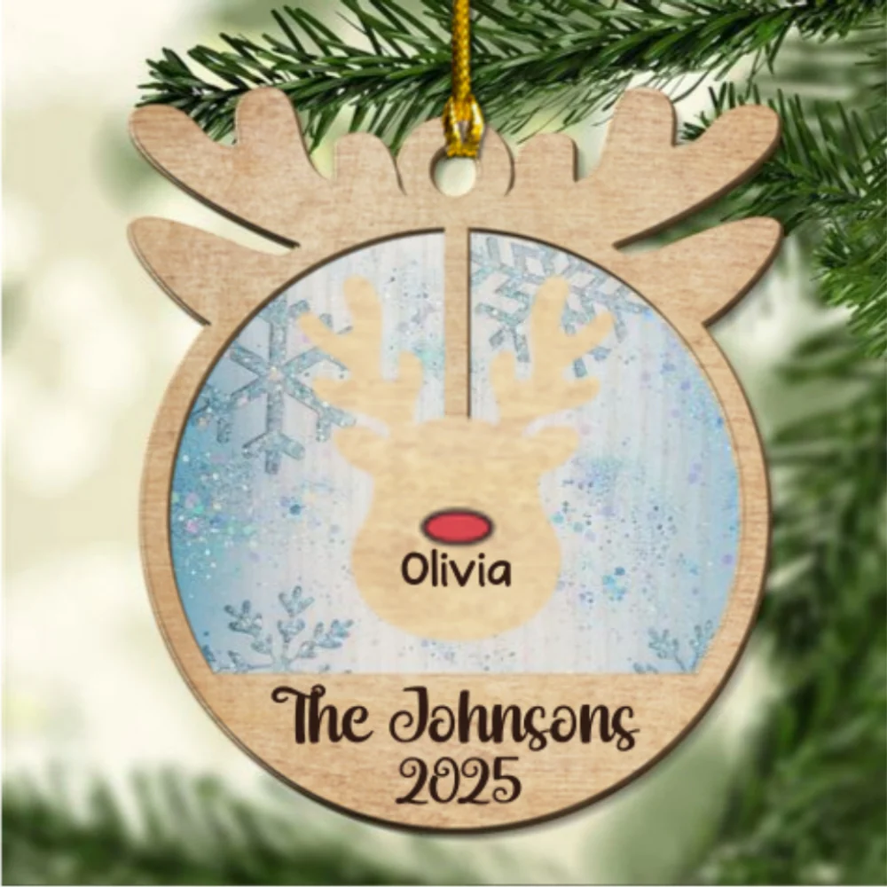 Reindeer Family Name - Personalized Custom 2-Layered Wood Ornament - Image 6