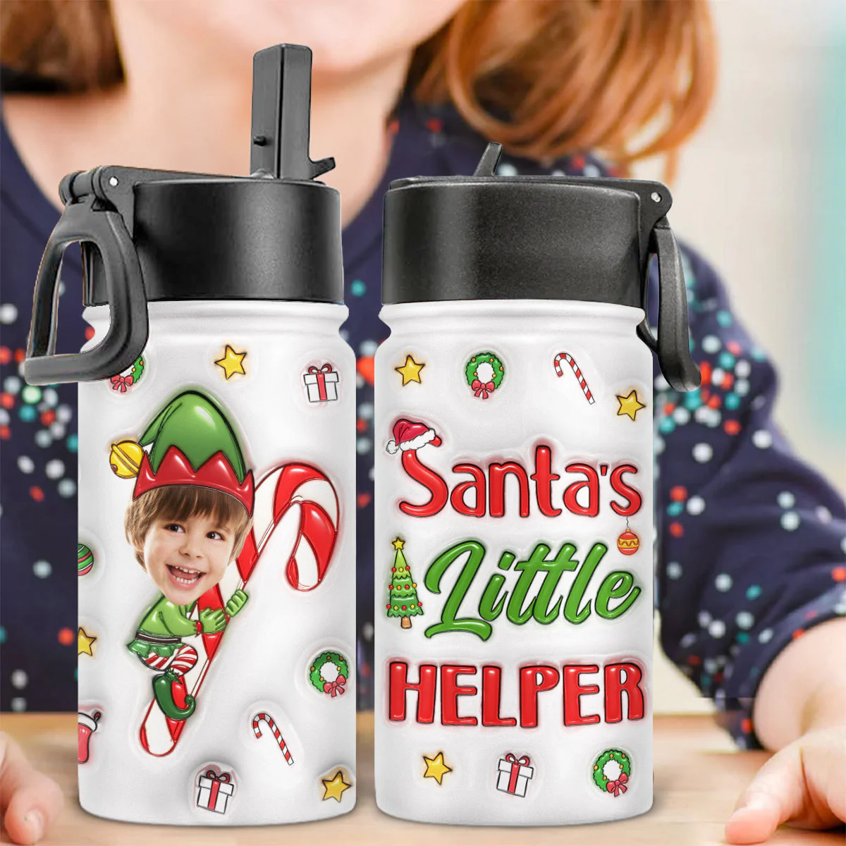 Santa Helper - Personalized Custom 3D Inflated Effect Kids Water Bottle - Image 2
