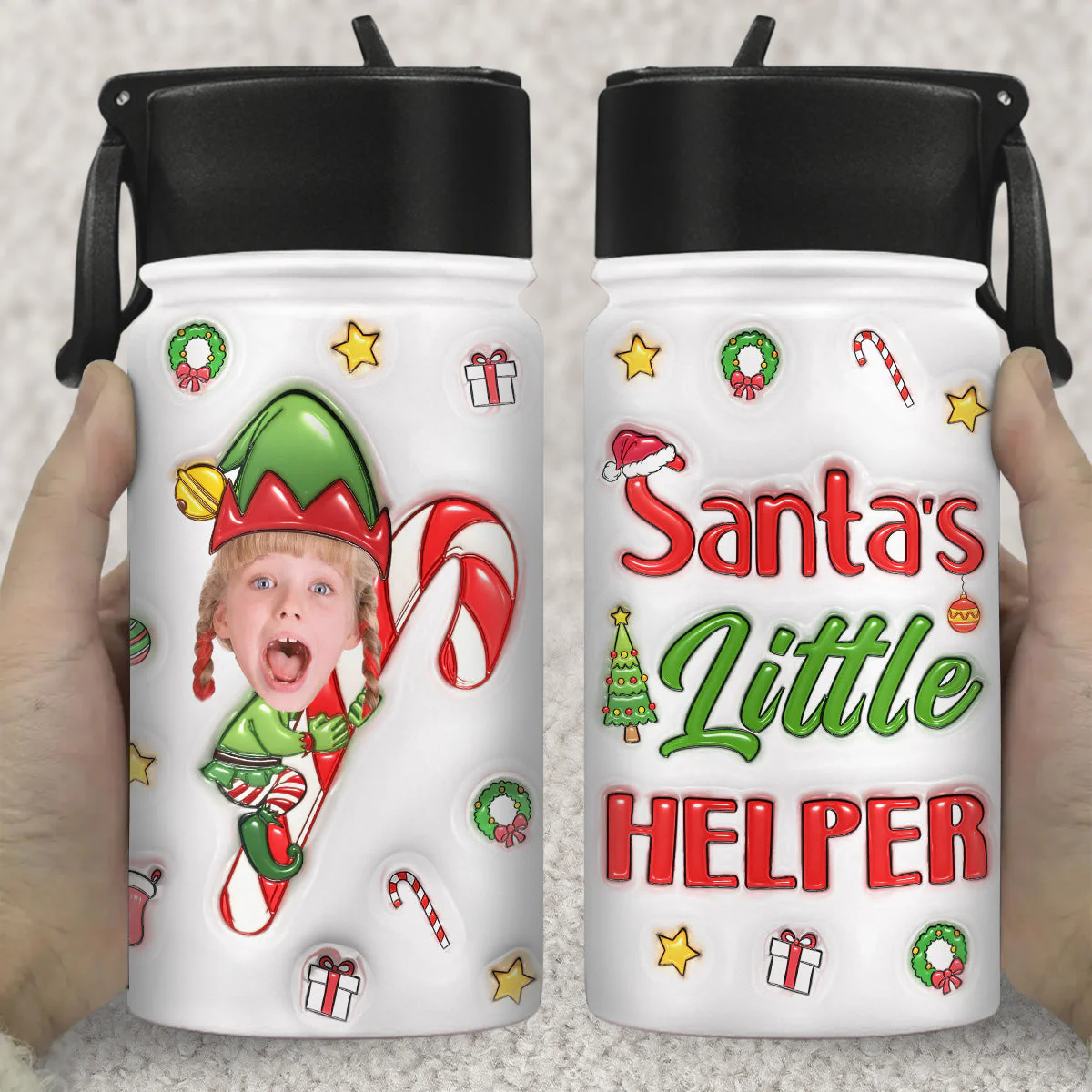 Santa Helper - Personalized Custom 3D Inflated Effect Kids Water Bottle - Image 3