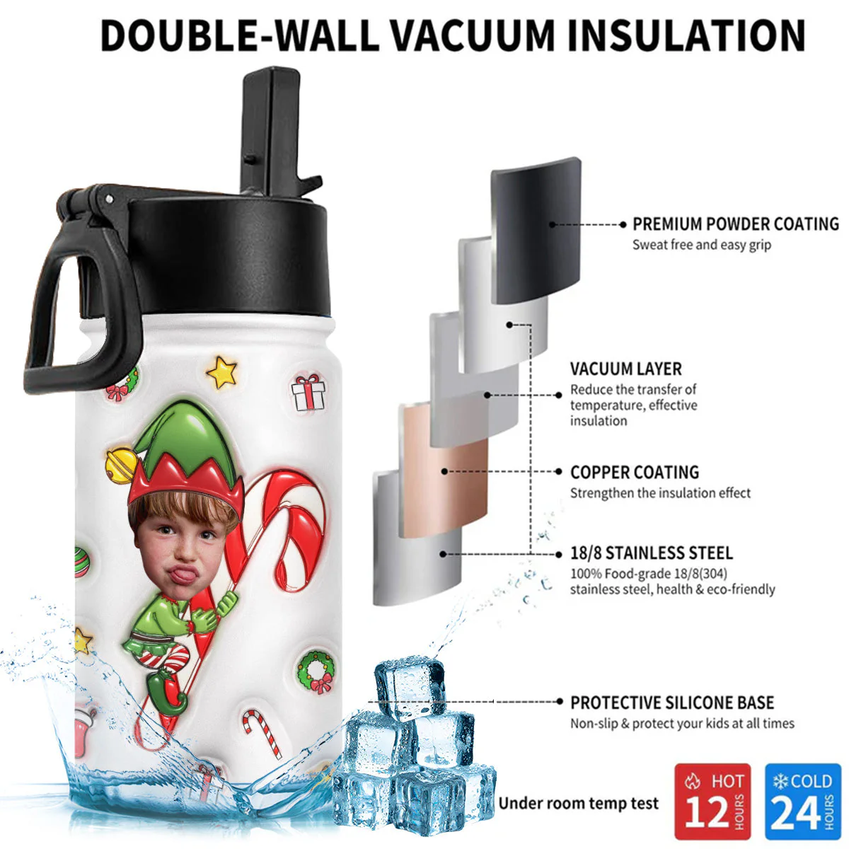 Santa Helper - Personalized Custom 3D Inflated Effect Kids Water Bottle - Image 4