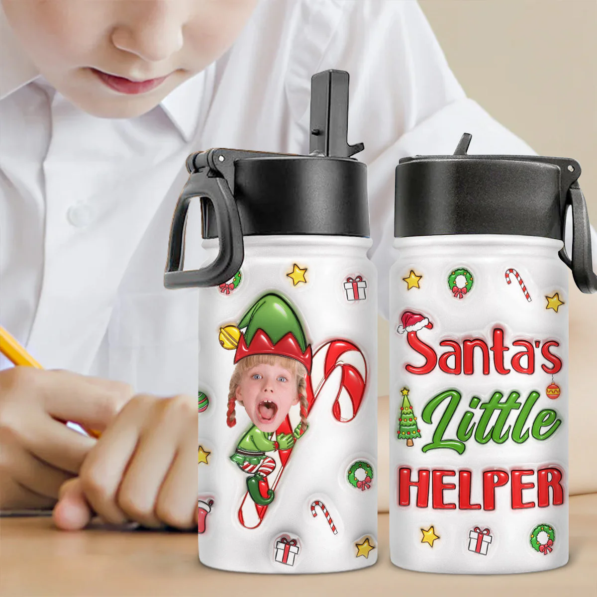Santa Helper - Personalized Custom 3D Inflated Effect Kids Water Bottle - Image 5