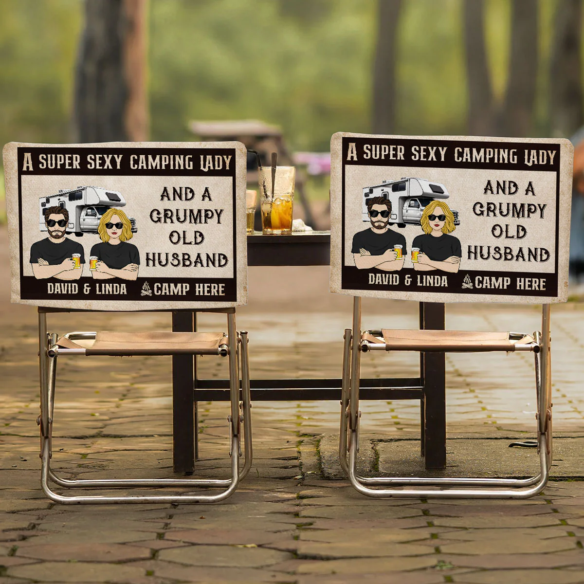 Sexy Camping Lady And Grumpy Old Husband - Personalized Custom Camping Chair Cover - Image 2