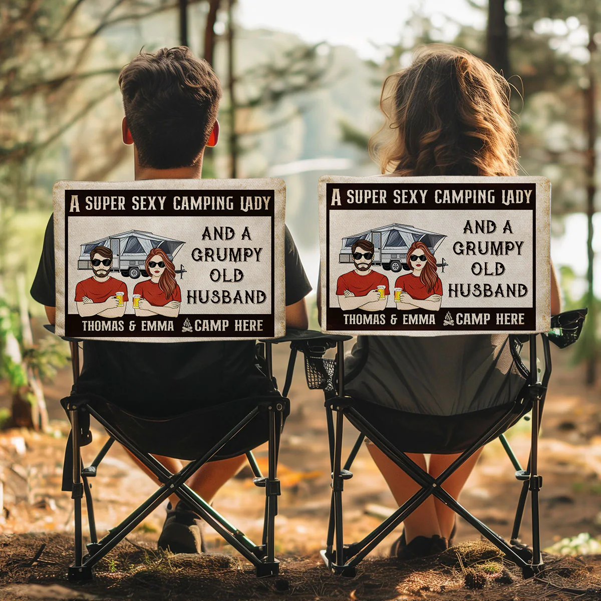 Sexy Camping Lady And Grumpy Old Husband - Personalized Custom Camping Chair Cover - Image 5