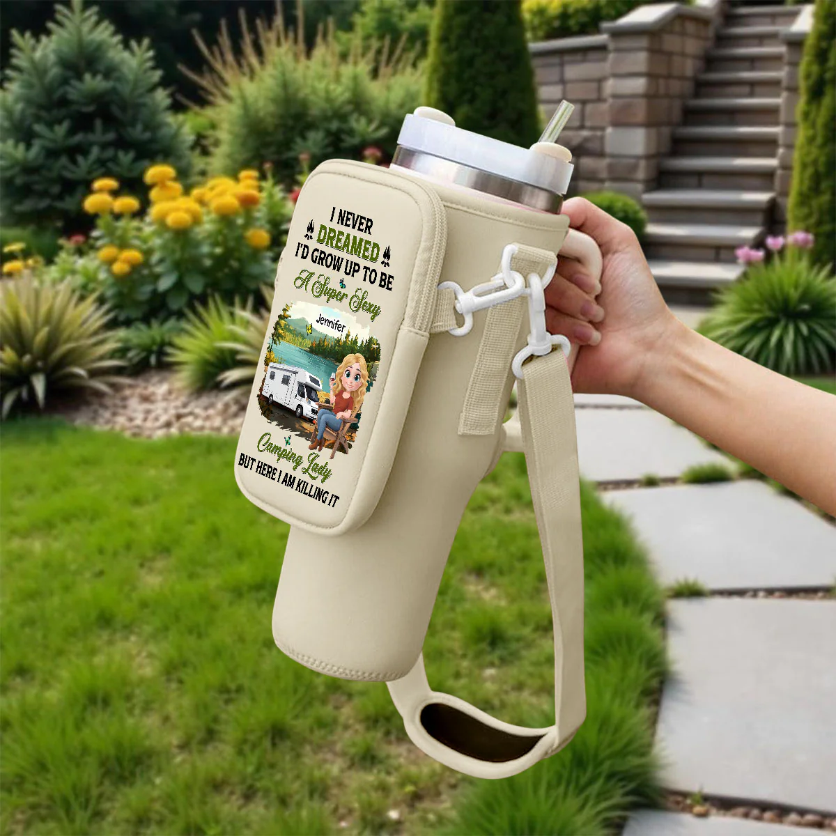 Sexy Camping Lady - Personalized Custom Water Bottle Carrier Bag - Image 3