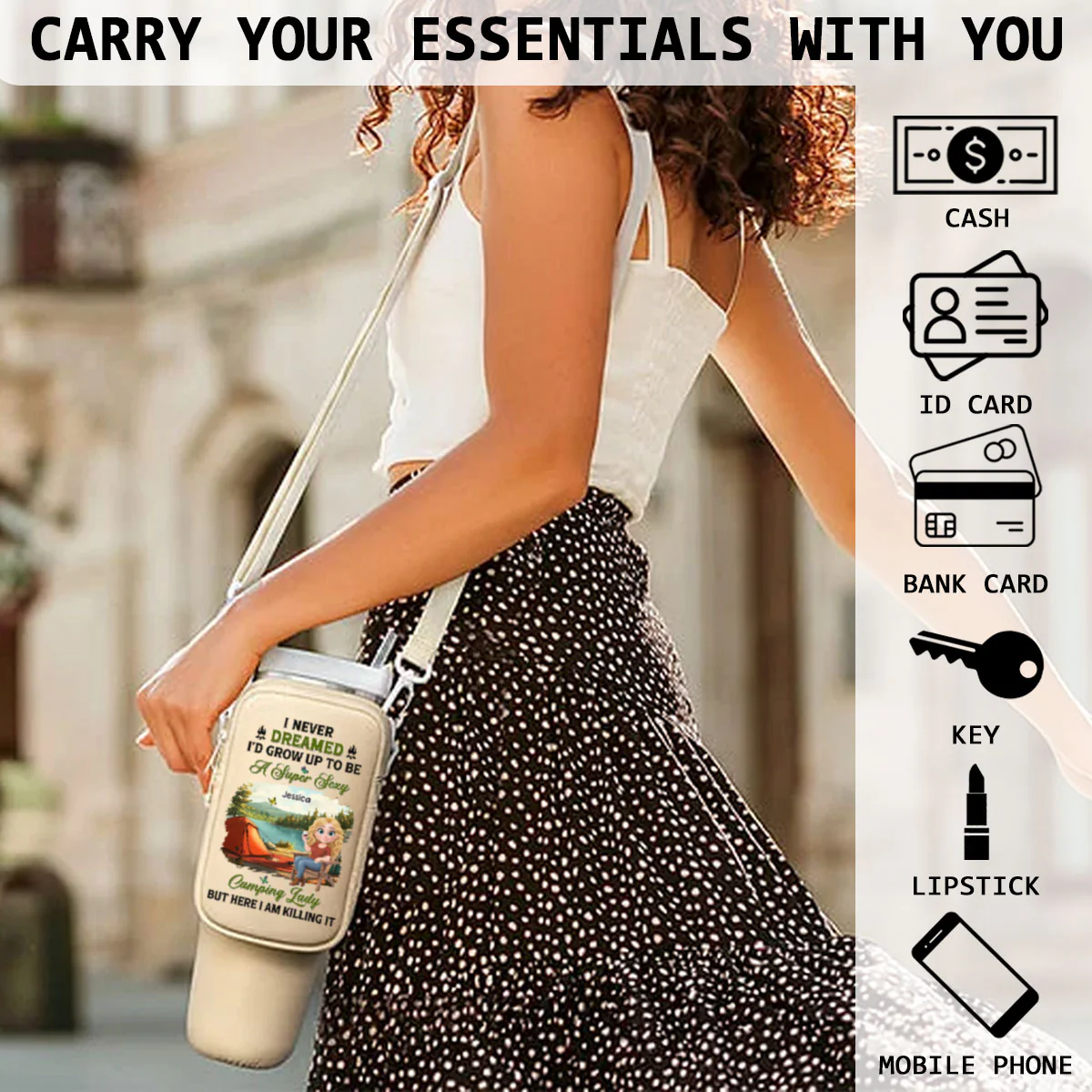 Sexy Camping Lady - Personalized Custom Water Bottle Carrier Bag - Image 5