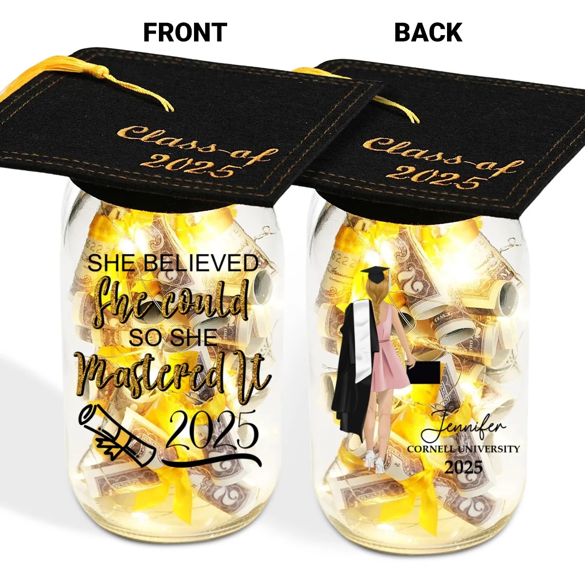 She Believed She Could - Personalized Custom Graduation Mason Jar Light - Image 4