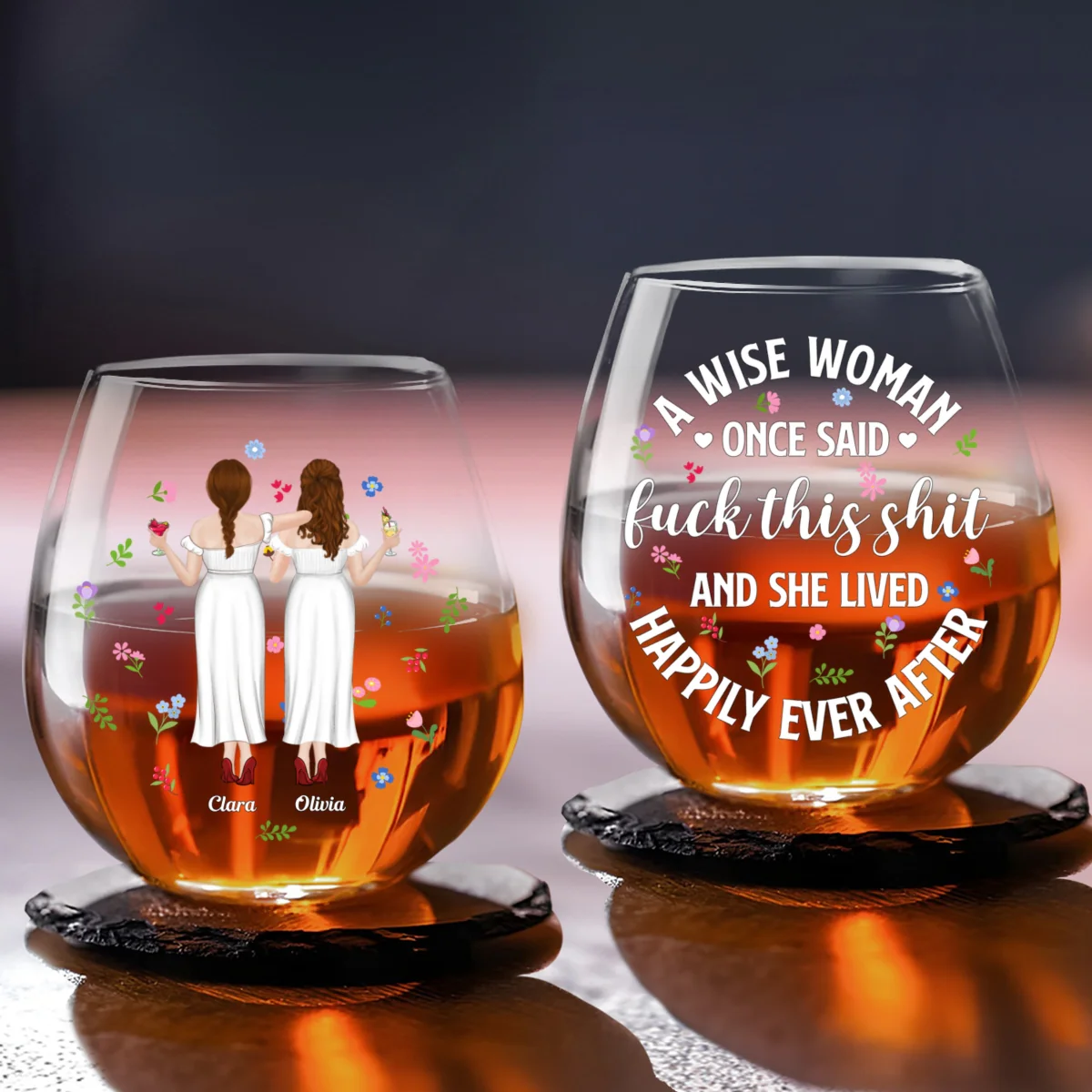 She Lived Happily Ever After - Personalized Custom Wine Glass - Image 4