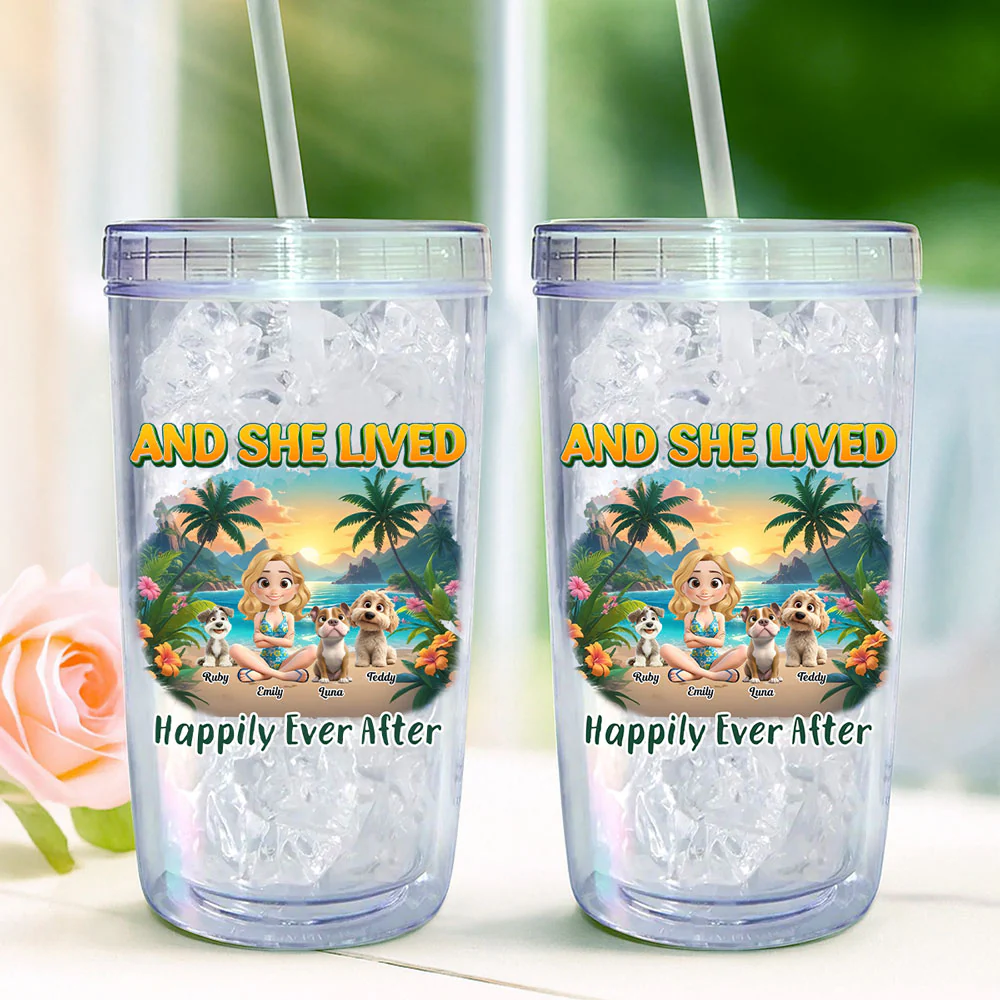 She Lived Happily With Her Dog - Personalized Custom 14oz Plastic Tumbler - Image 4