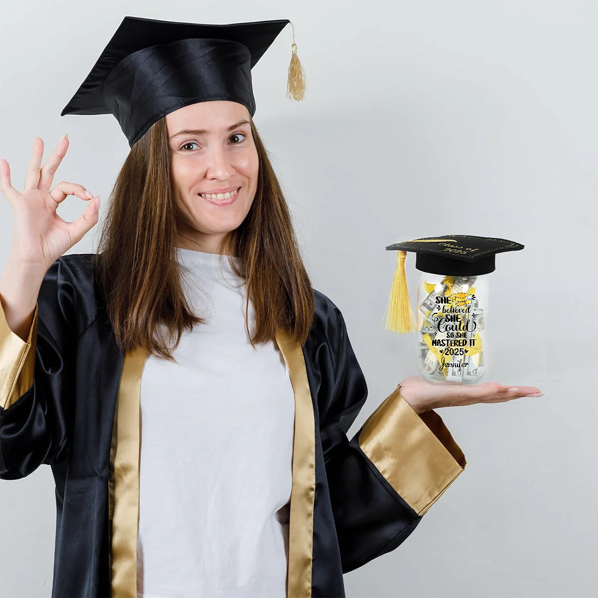 She Mastered It - Personalized Custom Graduation Mason Jar Light - Image 3