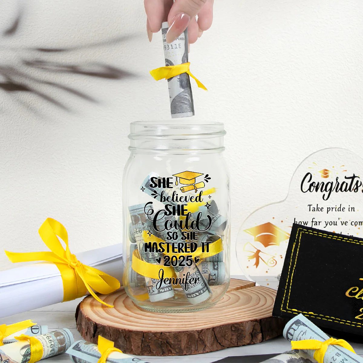 She Mastered It - Personalized Custom Graduation Mason Jar Light - Image 4