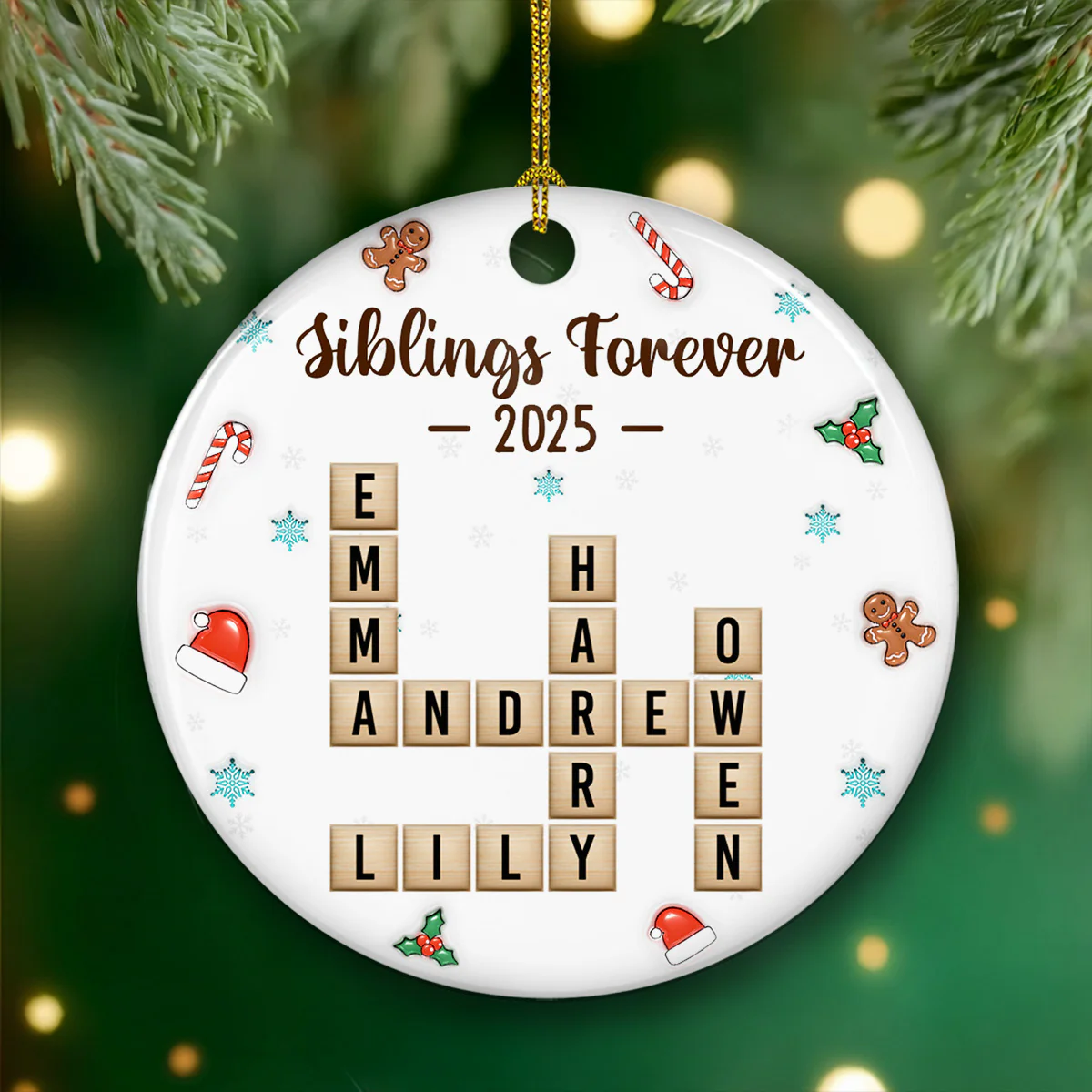 Siblings Forever Christmas Crossword - Personalized Custom 3D Effect Ceramic Ornament - Image 3
