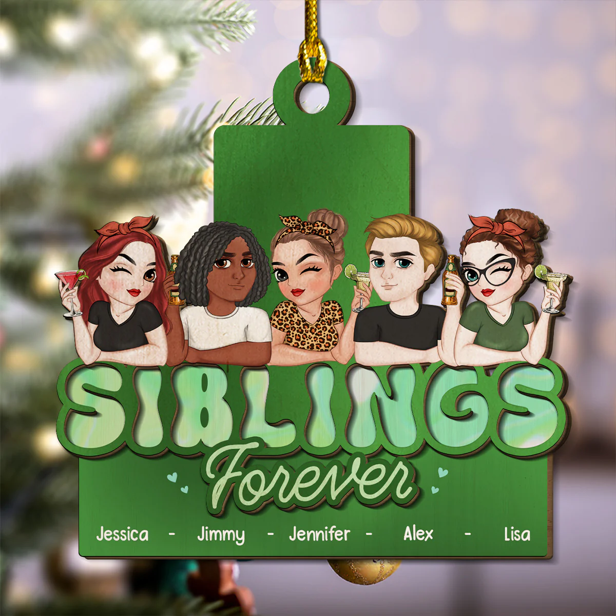 Siblings Forever - Personalized Custom 2-Layered Wood Ornament - Image 2