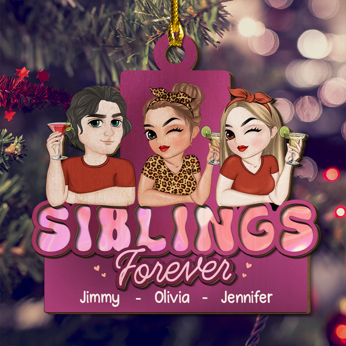 Siblings Forever - Personalized Custom 2-Layered Wood Ornament - Image 3