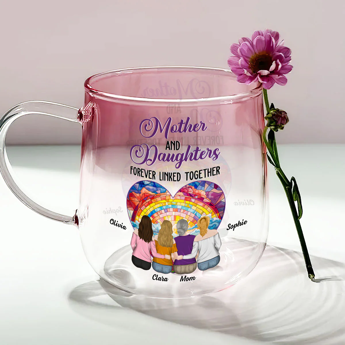 Side By Side Heart To Heart - Personalized Custom Pink Gradient Glass Mug - Image 2
