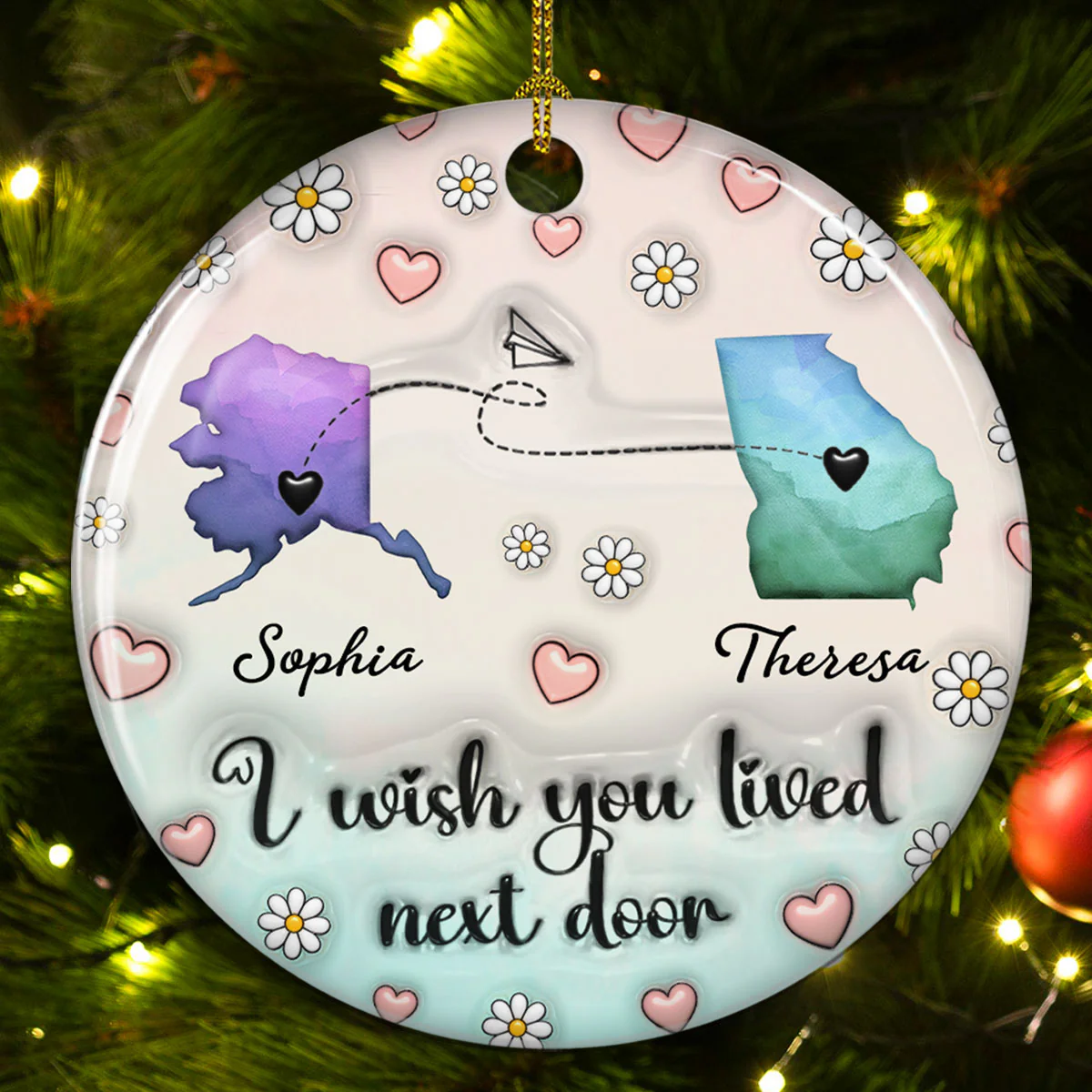 Side By Side Or Miles Apart - Personalized Custom 3D Inflated Effect Ceramic Ornament - Image 3