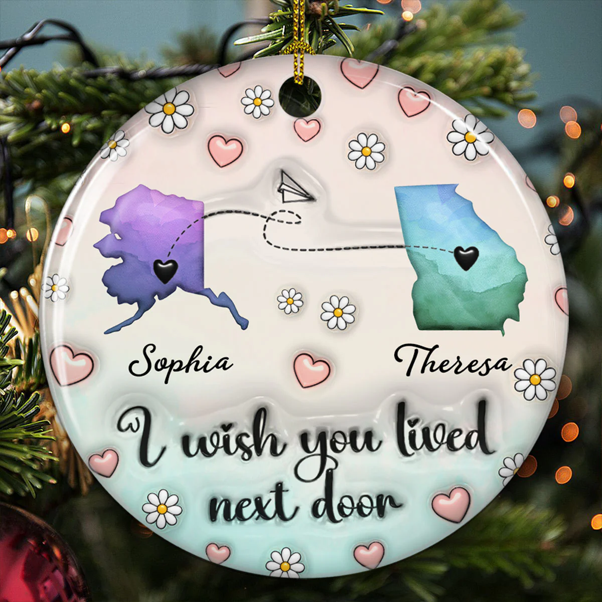 Side By Side Or Miles Apart - Personalized Custom 3D Inflated Effect Ceramic Ornament - Image 4