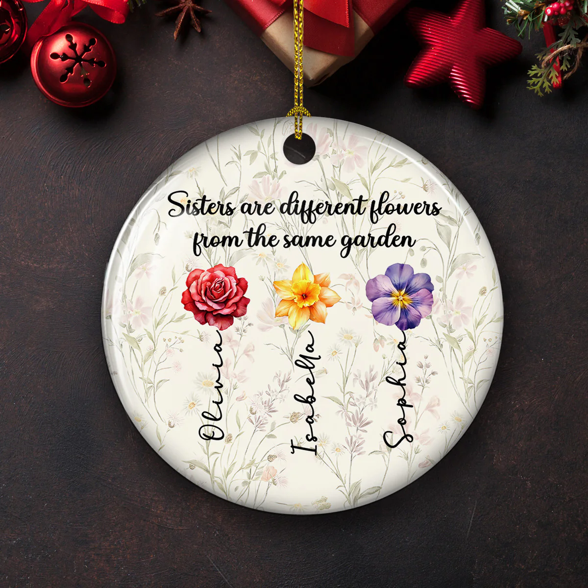Sister Flowers - Personalized Custom Ceramic Ornament - Image 4