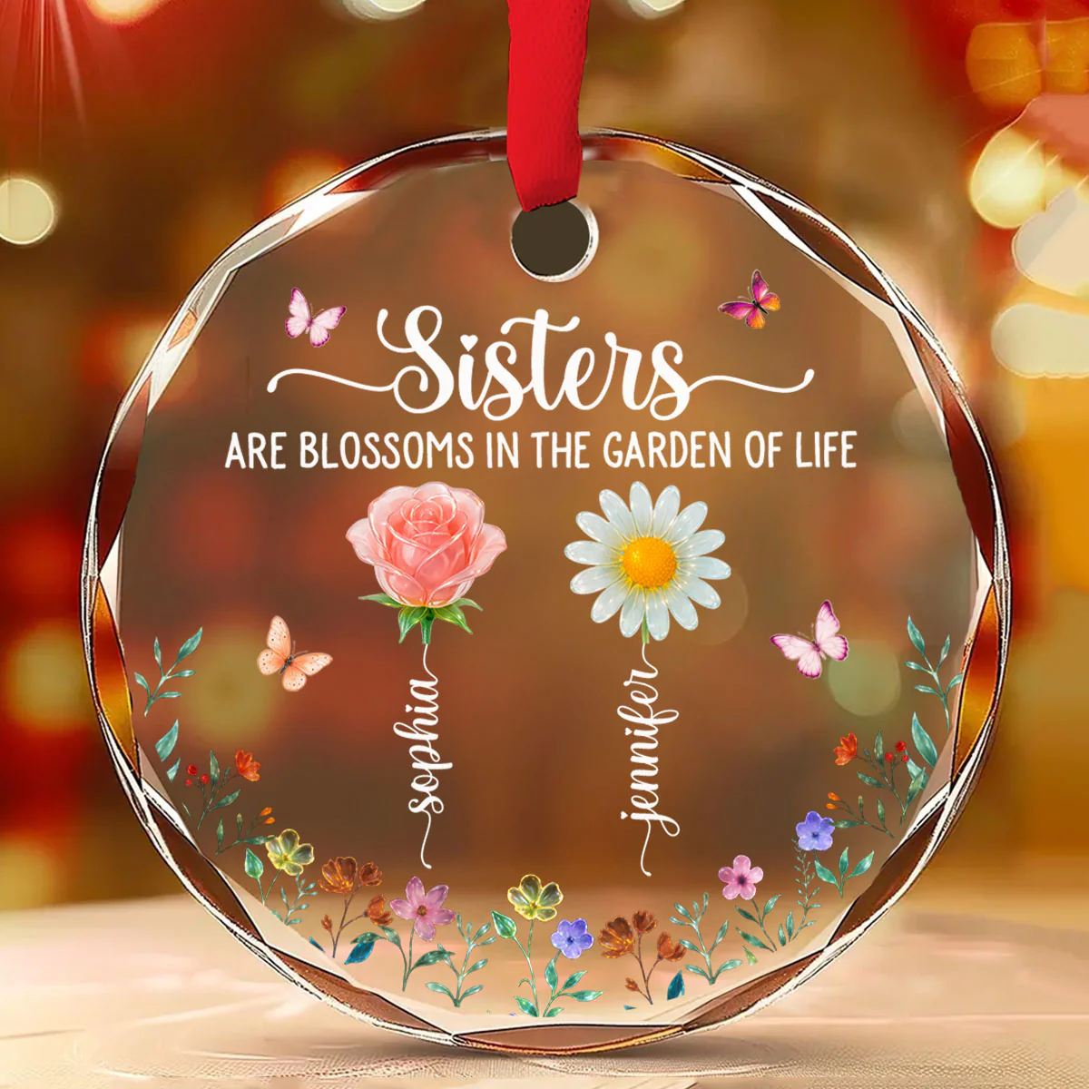 Sisters Are Blossoms - Personalized Custom Glass Ornament - Image 2