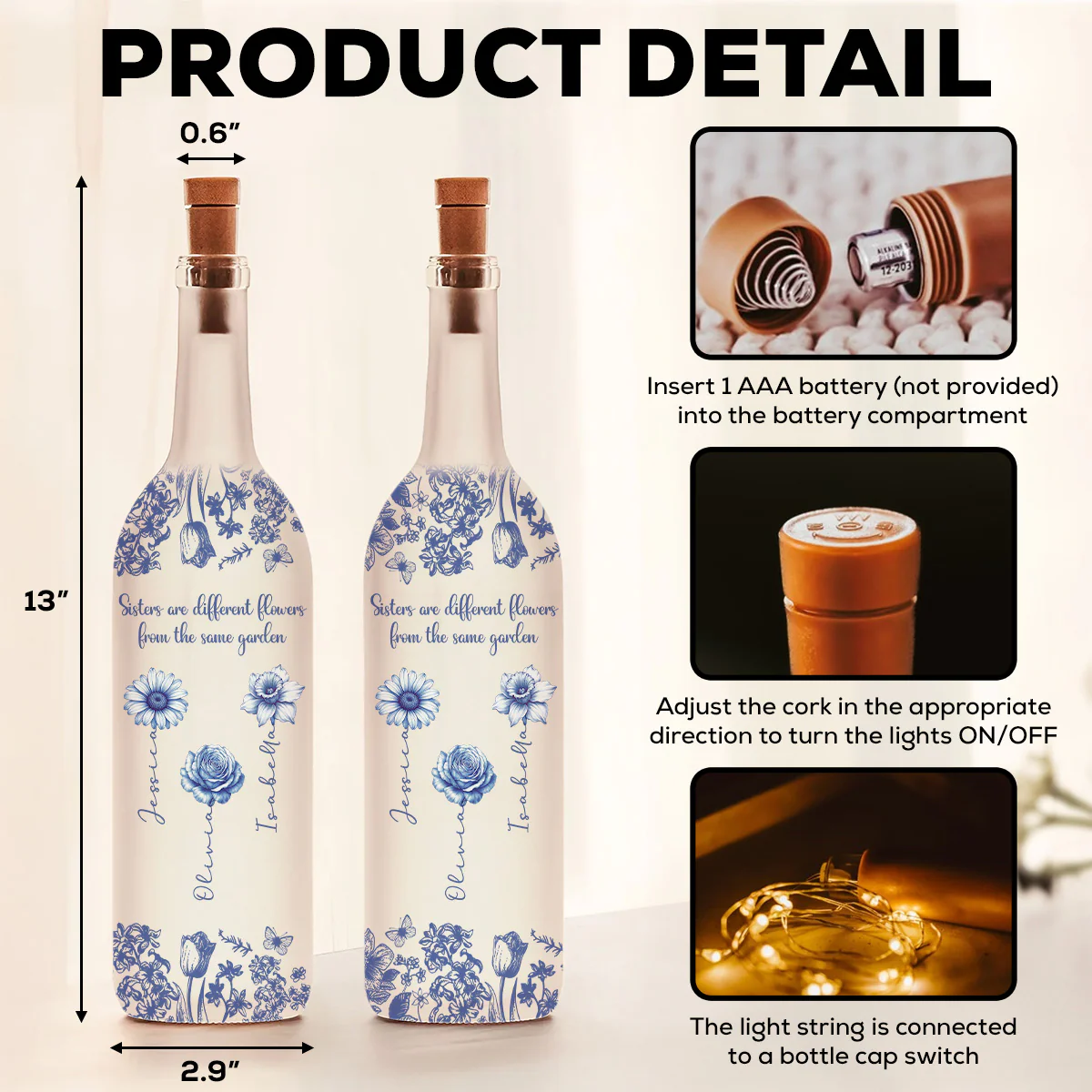 Sisters Are Different Flowers From The Same Garden - Personalized Custom Bottle Lamp - Image 5