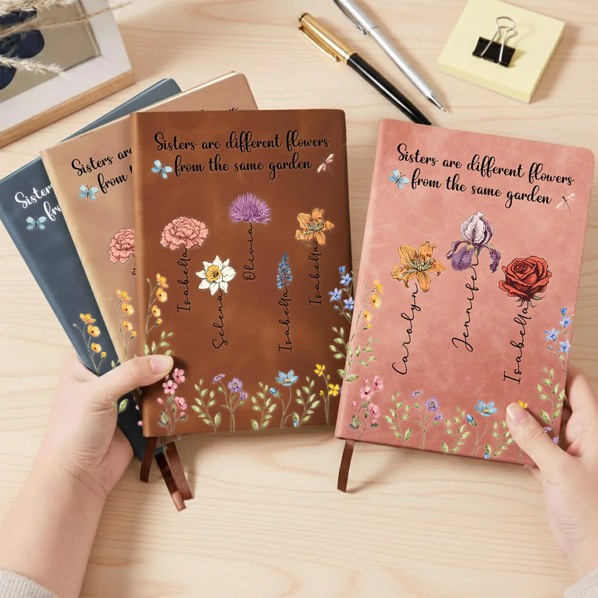 Sisters Are Different Flowers From The Same Garden - Personalized Custom Leather Journal - Image 3