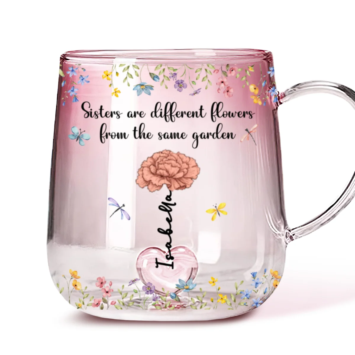 Sisters Are Different Flowers From The Same Garden - Personalized Custom Pink Gradient Glass Mug - Image 5