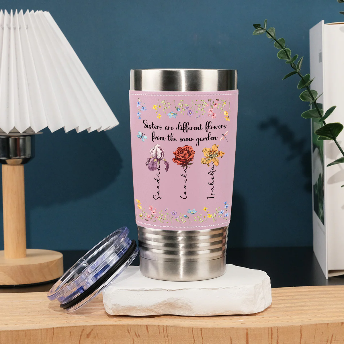 Sisters Are Different Flowers From The Same Garden - Personalized Custom Pink Leather Tumbler - Image 3