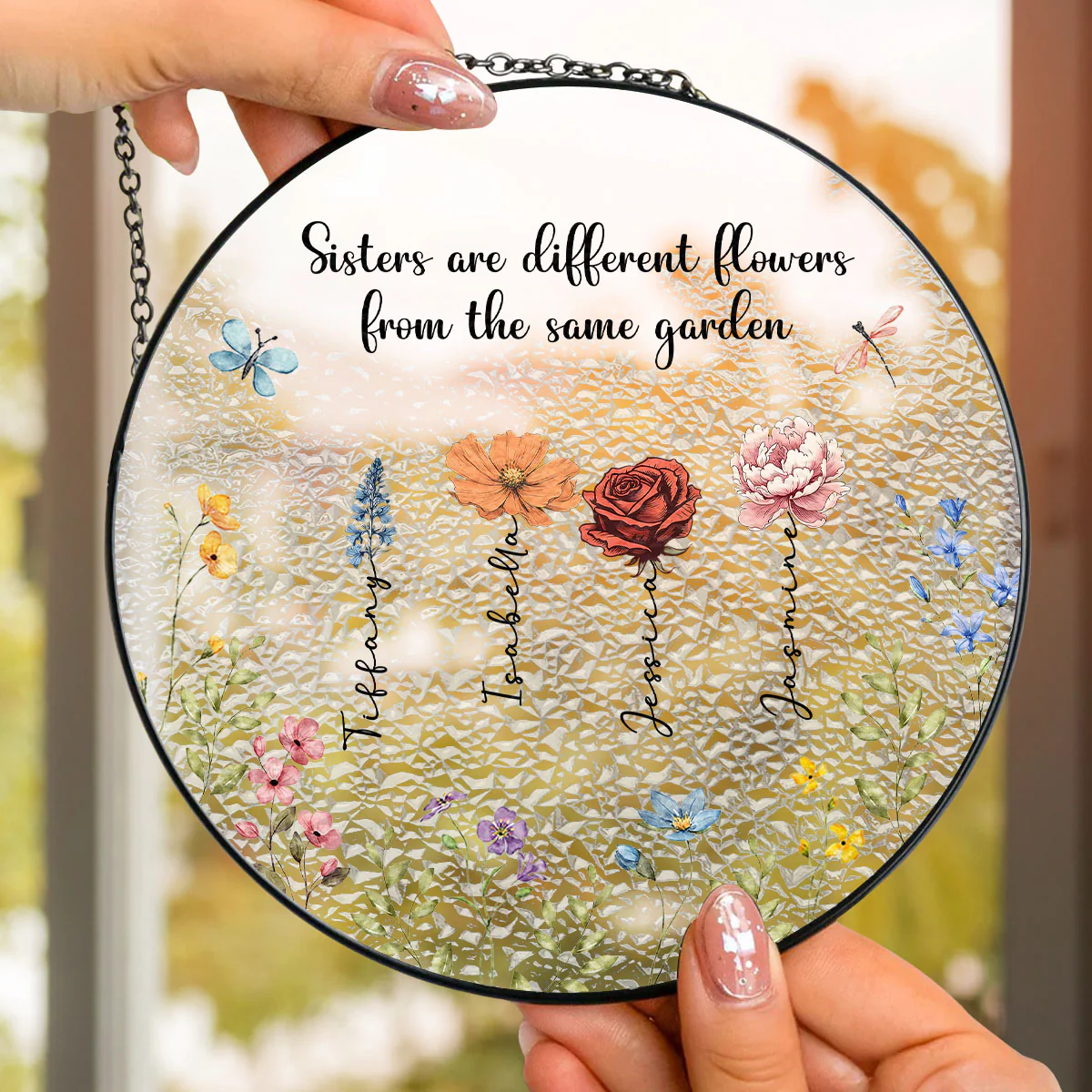 Sisters Are Different Flowers From The Same Garden - Personalized Custom Stained Glass Window Hanging Suncatcher - Image 2