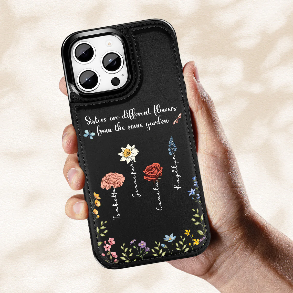 Sisters Are Different Flowers - Personalized Custom Leather Phone Case - Image 3