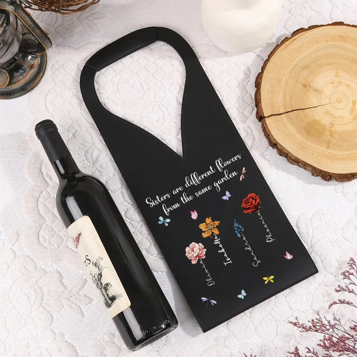 Sisters Are Different Flowers - Personalized Custom Leather Wine Bag - Image 3