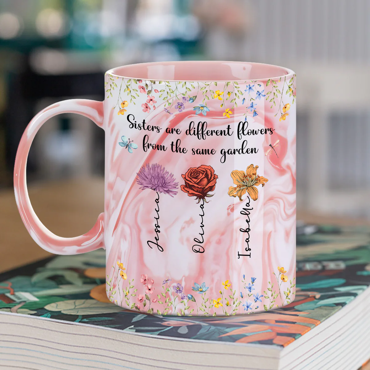 Sisters Are Different Flowers - Personalized Custom Pink Marble Mug - Image 5