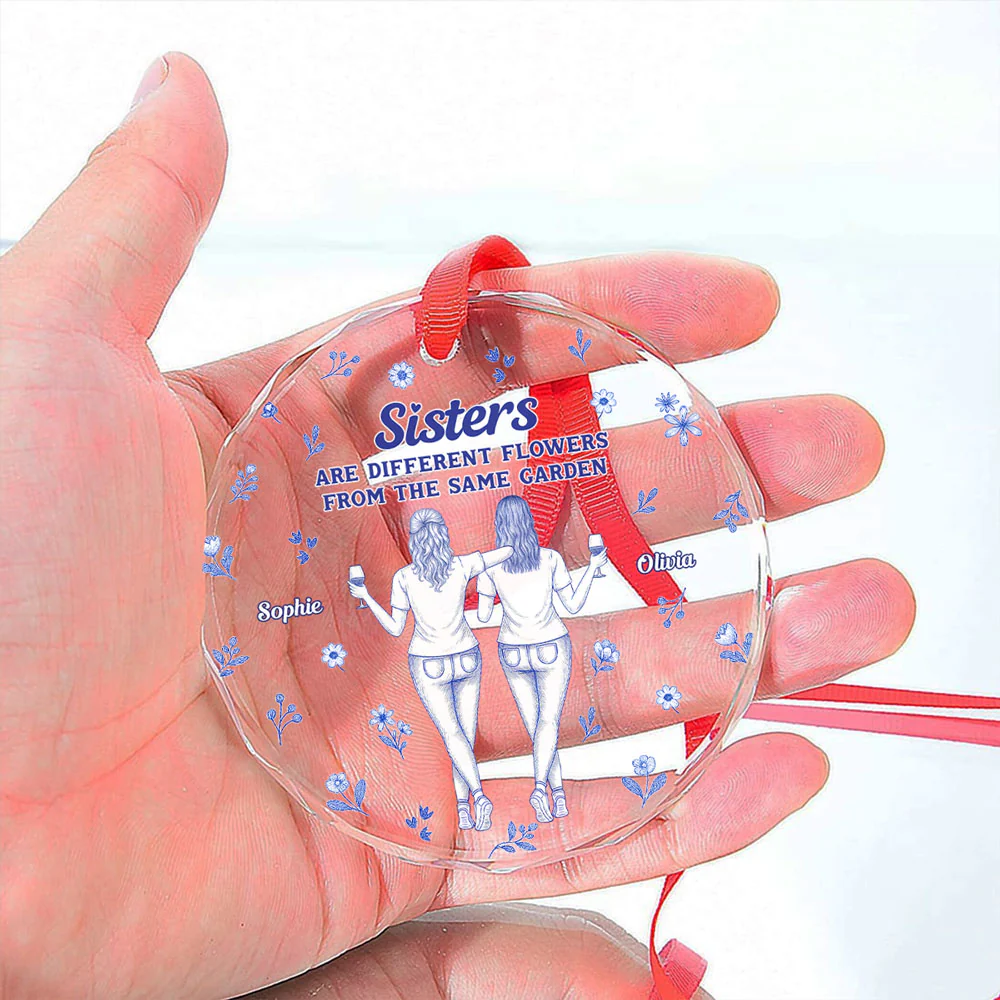 Sisters Are Flower Blue Toile - Personalized Custom Glass Ornament - Image 2