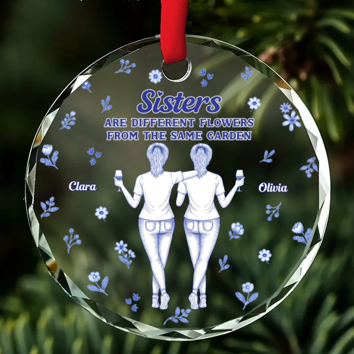 Sisters Are Flower Blue Toile - Personalized Custom Glass Ornament - Image 6