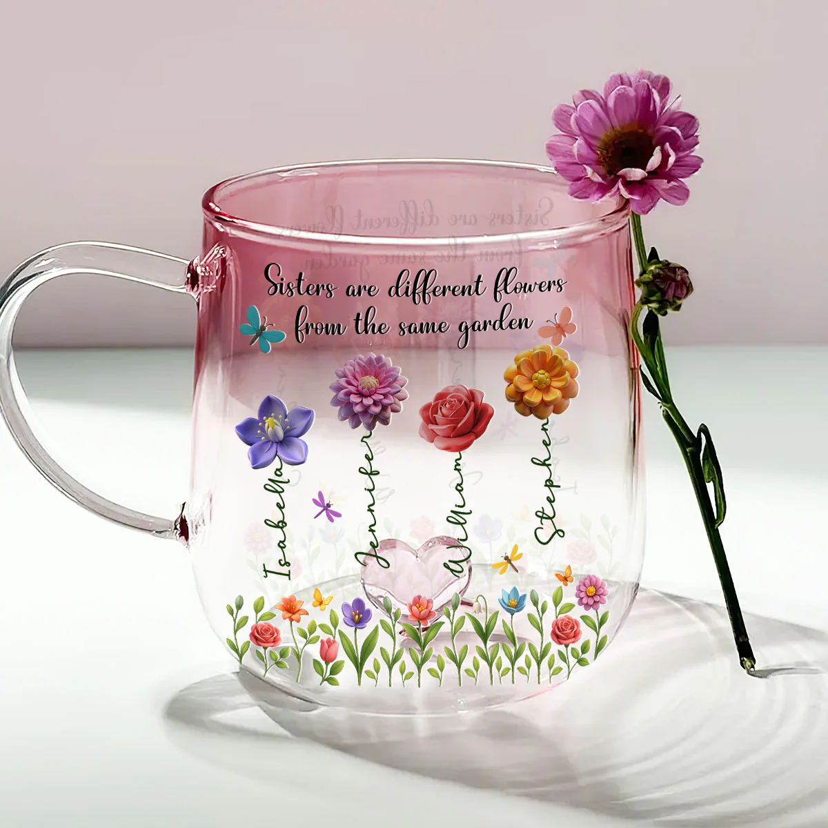 Sisters Are Flowers - Personalized Custom Pink Gradient Glass Mug - Image 4