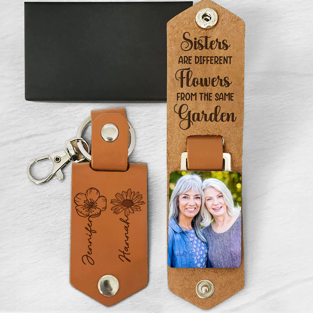 Sisters Are Flowers - Personalized Leather Photo Keychain - Image 4