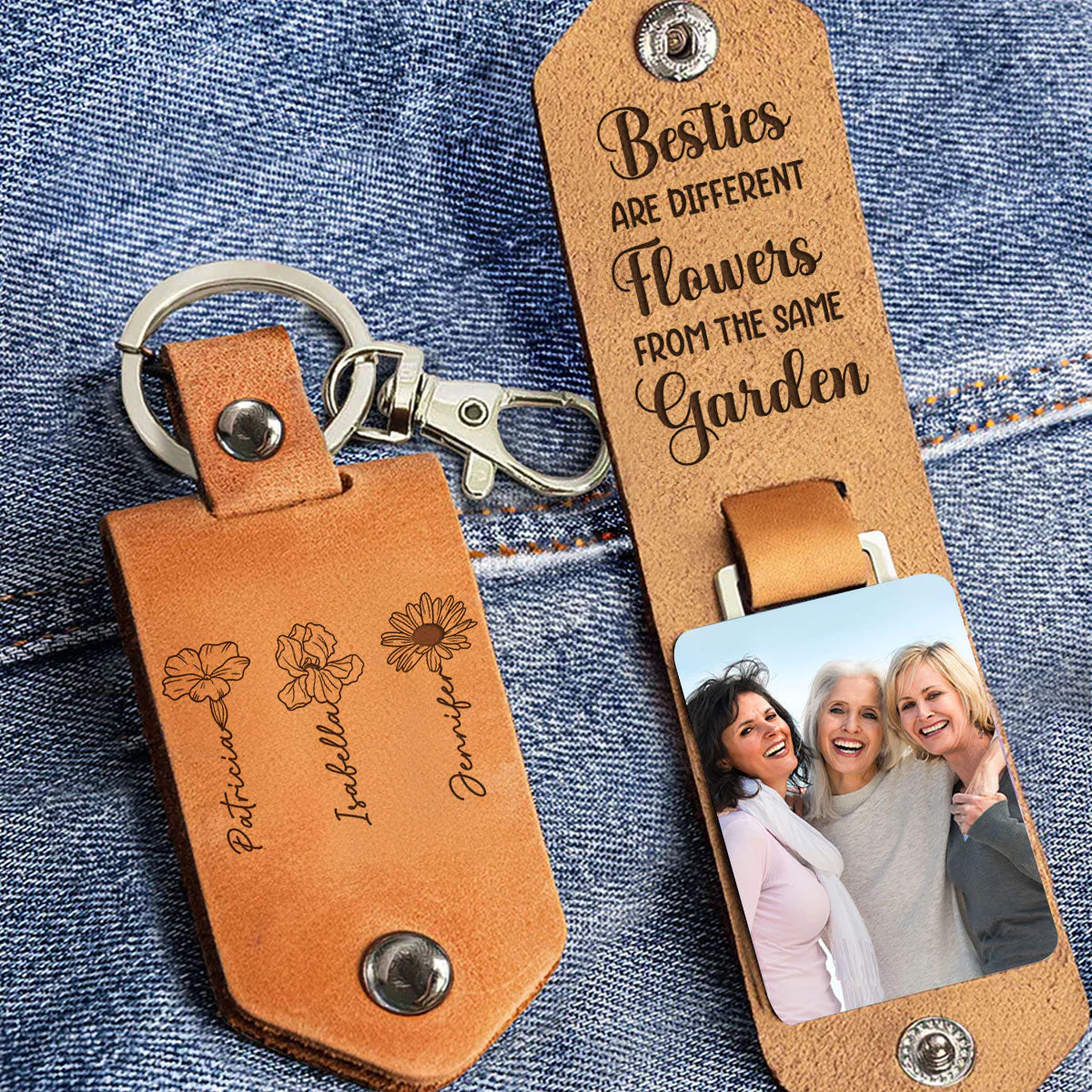 Sisters Are Flowers - Personalized Leather Photo Keychain - Image 5