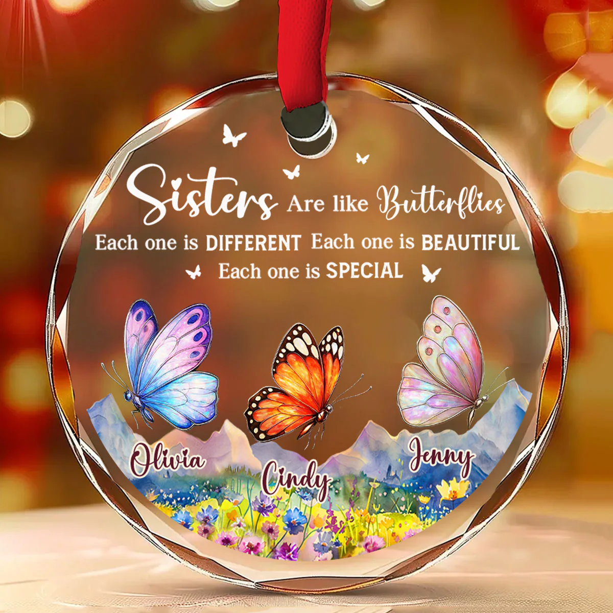 Sisters Are Like Butterflies - Personalized Custom Glass Ornament - Image 2