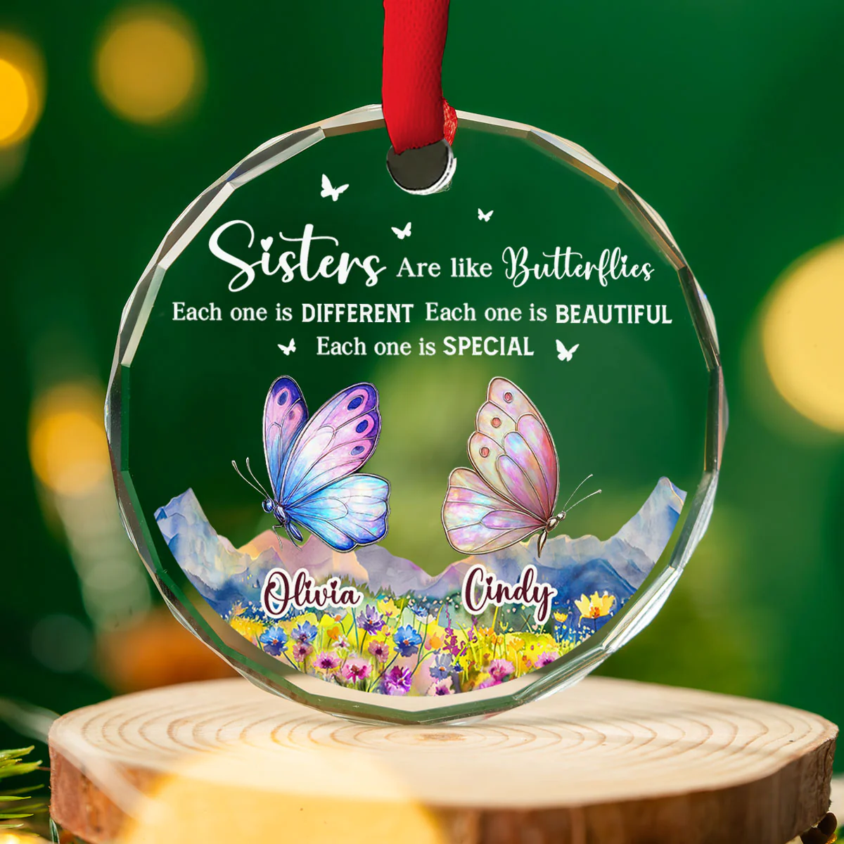 Sisters Are Like Butterflies - Personalized Custom Glass Ornament - Image 3