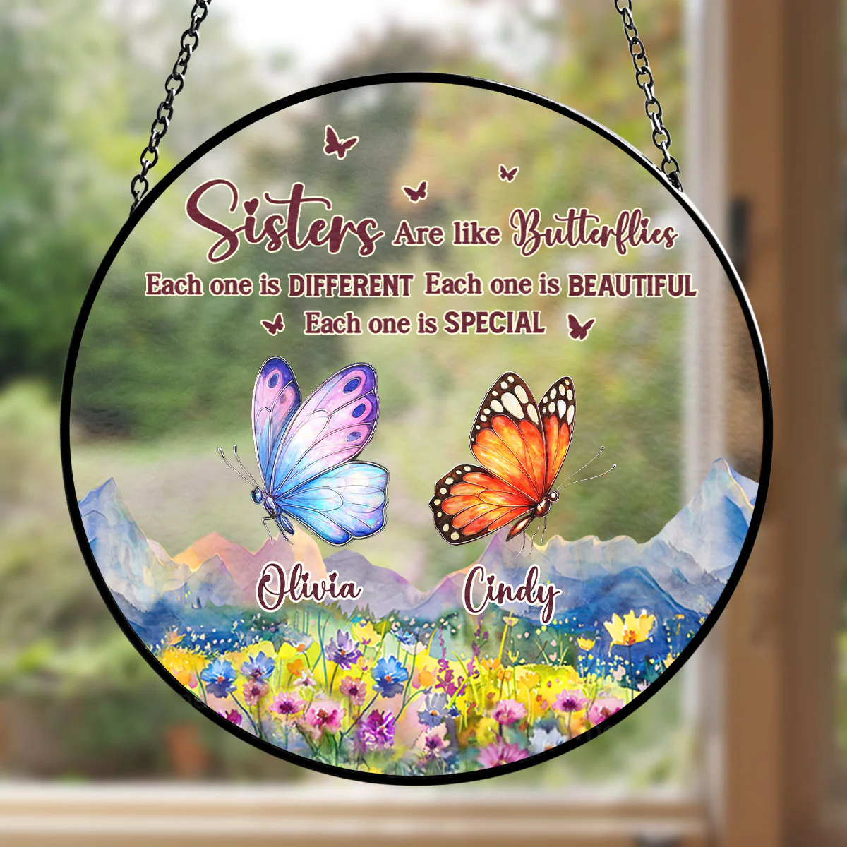 Sisters Are Like Butterflies - Personalized Custom Window Hanging Suncatcher - Image 4