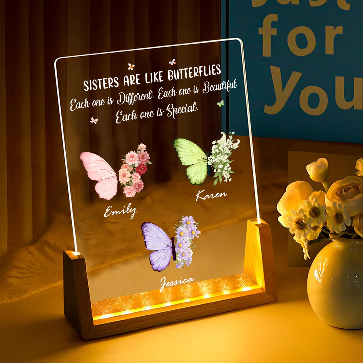 Sisters Bloom In Different Ways - Personalized Custom Plaque With Walnut Base - Image 2