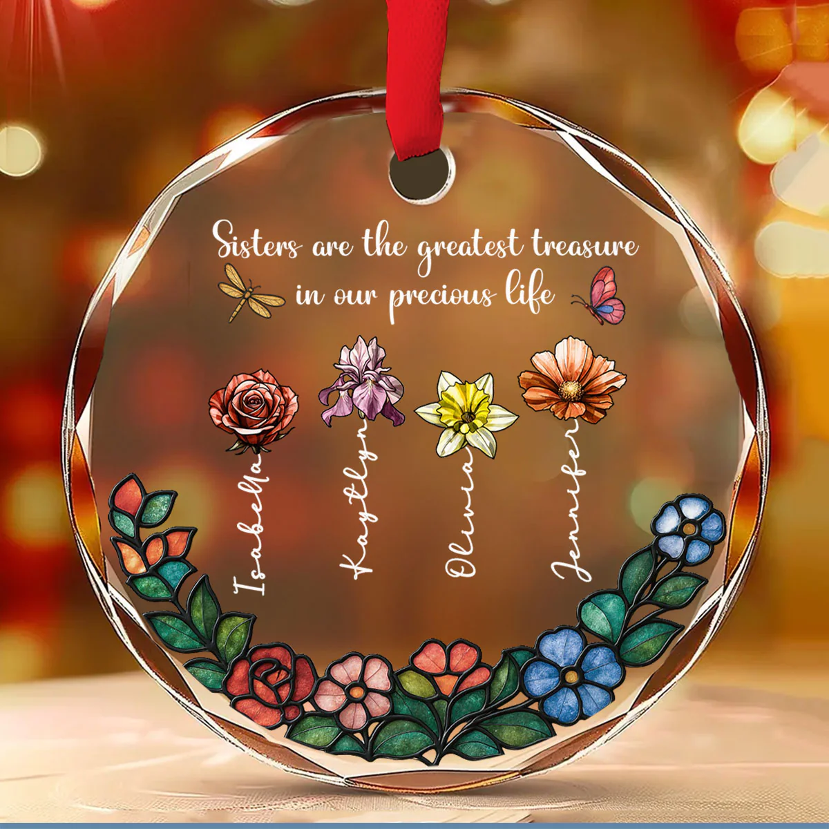 Sisters Bloom In Precious Life - Personalized Custom Glass Ornament - Image 2