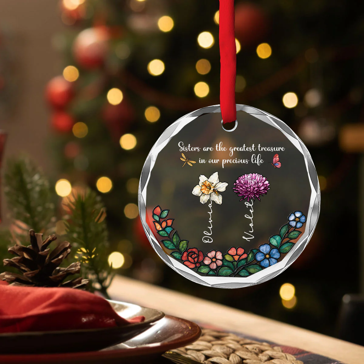 Sisters Bloom In Precious Life - Personalized Custom Glass Ornament - Image 4
