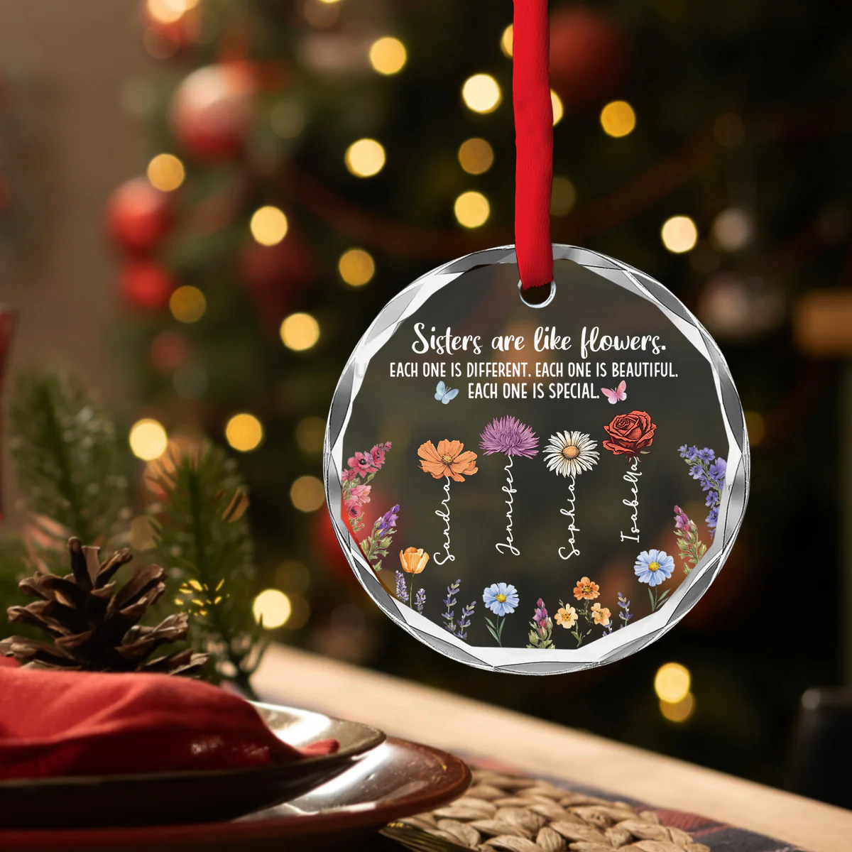 Sisters Bloom In Unique Beauty - Personalized Custom Glass Ornament - Image 4