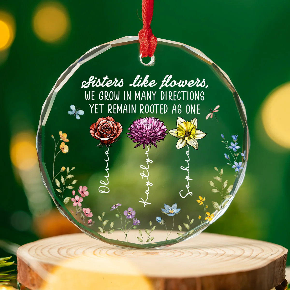 Sisters Bloom Like Flowers - Personalized Custom Glass Ornament - Image 3