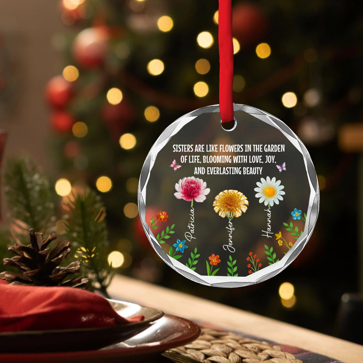 Sisters Bloom With Love And Joy - Personalized Custom Glass Ornament - Image 3