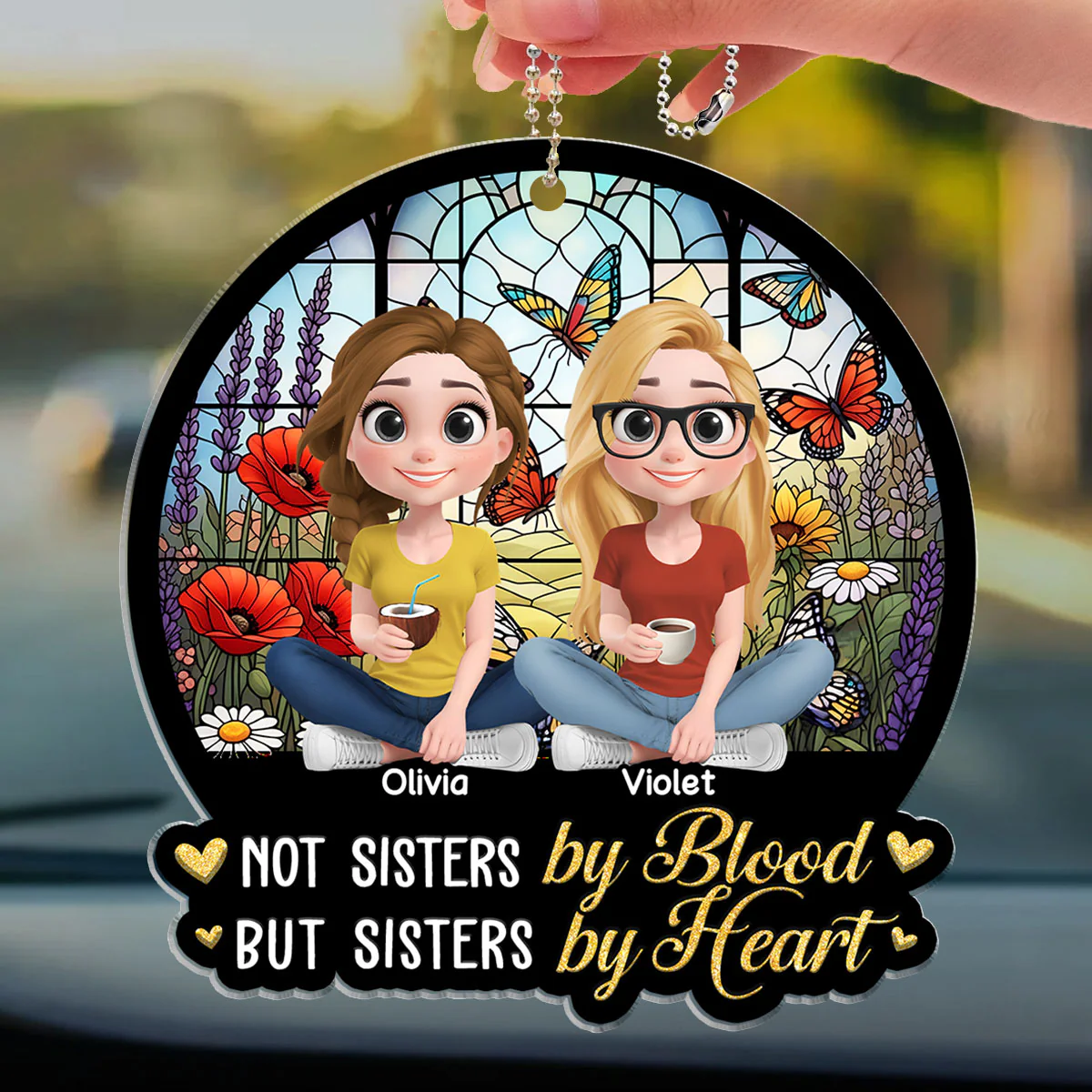 Sisters By Heart - Personalized Custom Car Ornament - Image 3