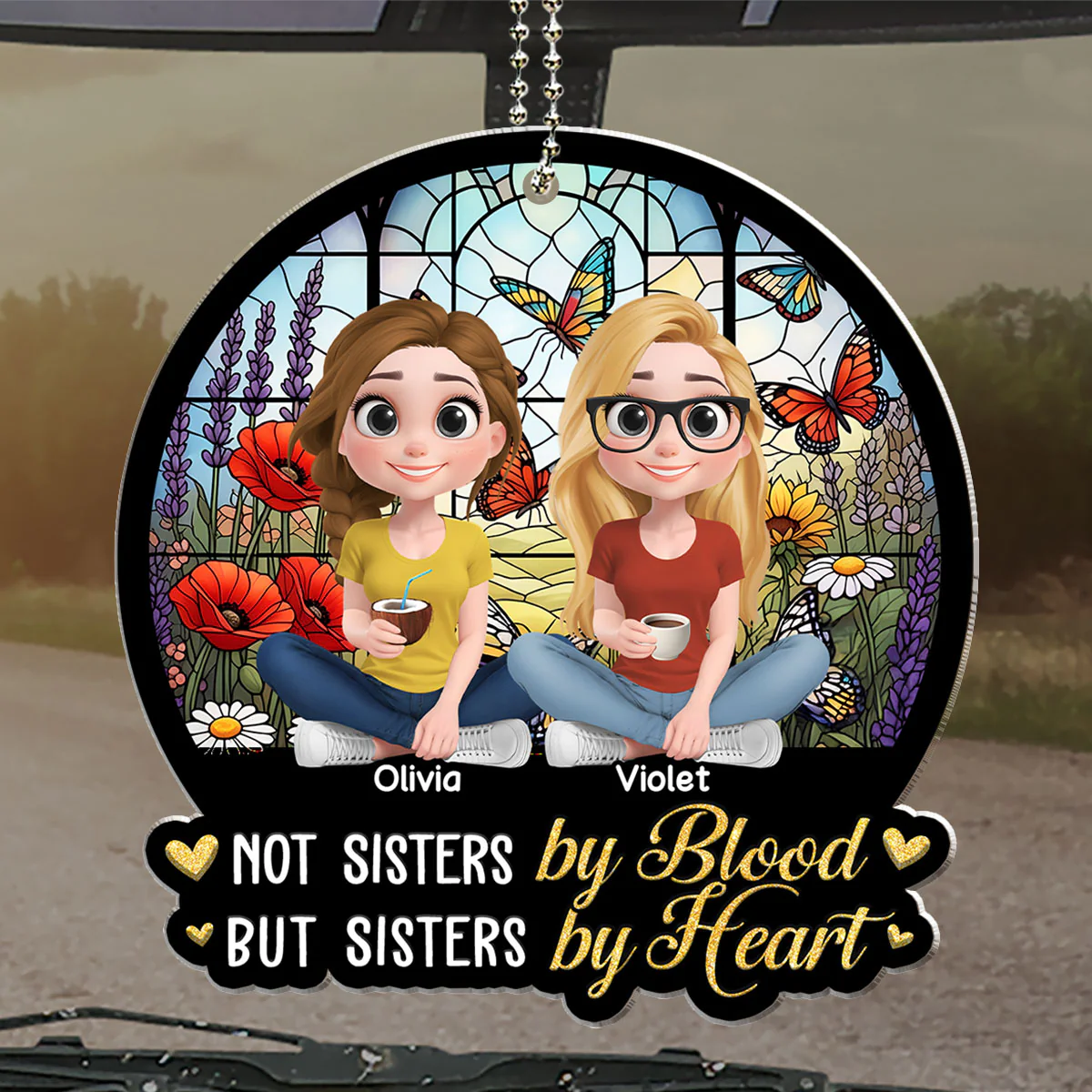 Sisters By Heart - Personalized Custom Car Ornament - Image 4