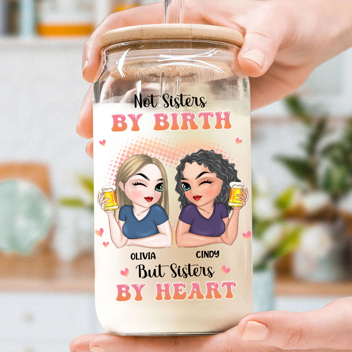 Sisters By Heart - Personalized Custom Glass Can - Image 2
