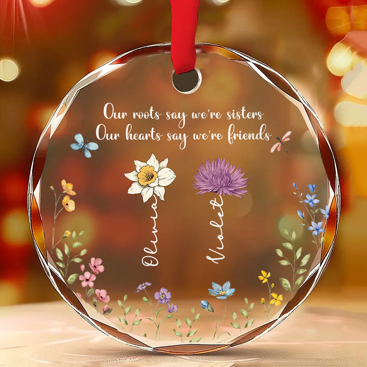 Sisters By Roots Friends By Heart - Personalized Custom Glass Ornament - Image 2