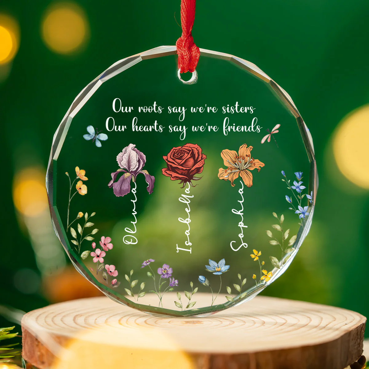 Sisters By Roots Friends By Heart - Personalized Custom Glass Ornament - Image 3